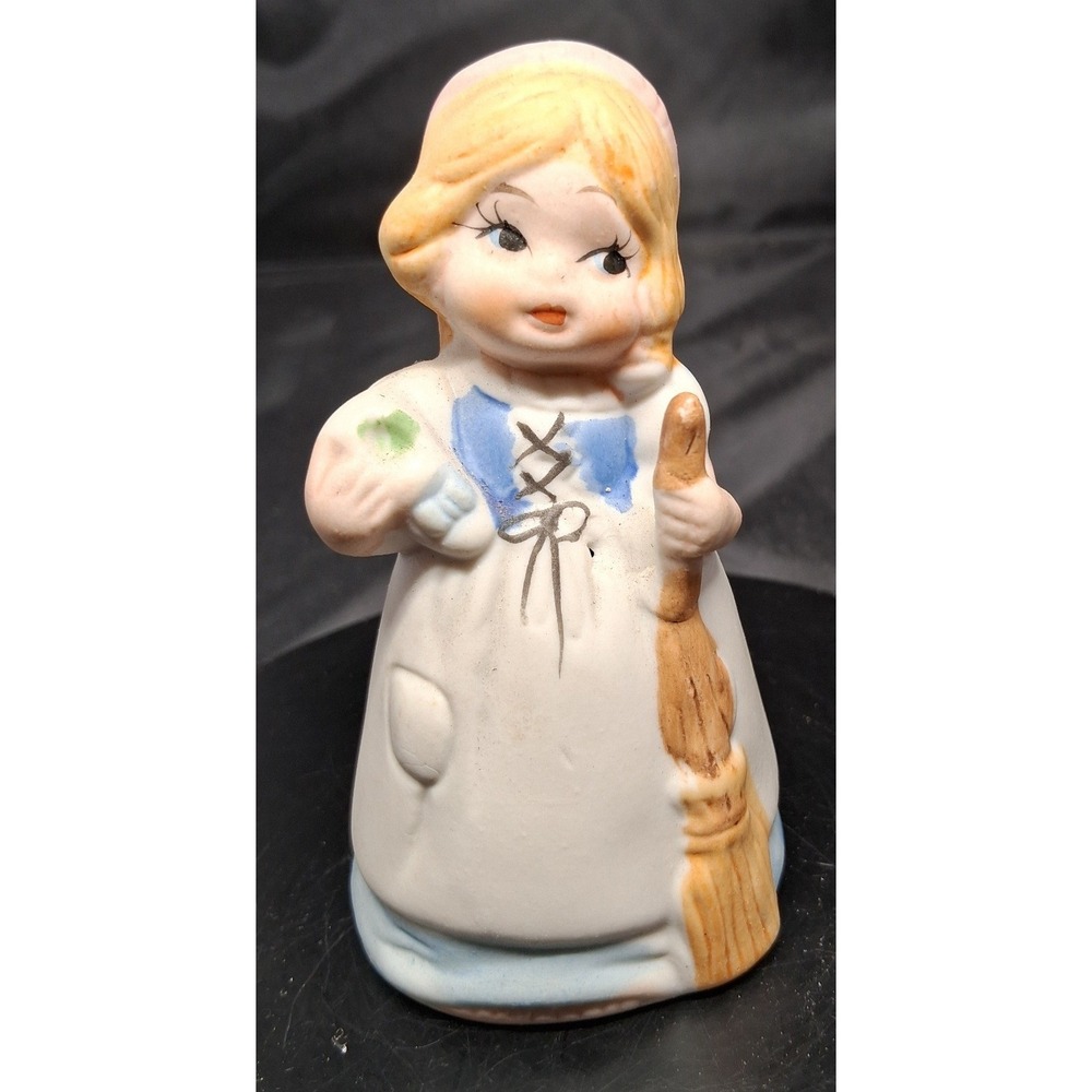 Vintage Jasco Porcelain Bell Figurine Little Girl with Broom Bisque Taiwan 4in